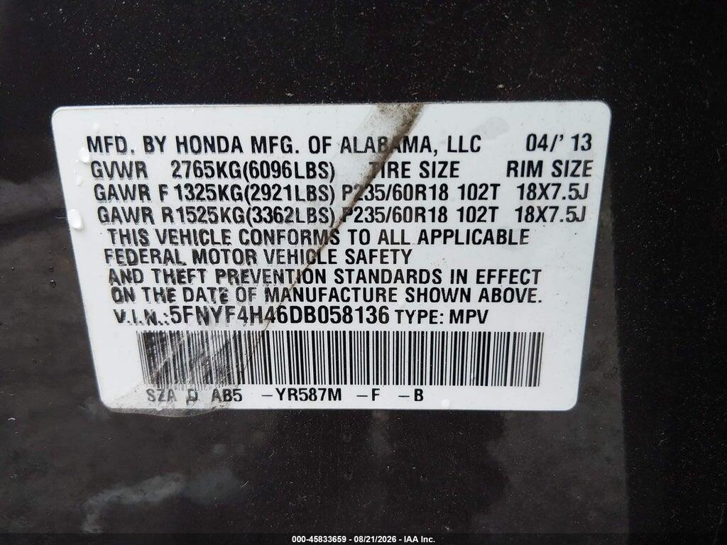 5FNYF4H46DB058136 2013 HONDA PILOT photo no. 9