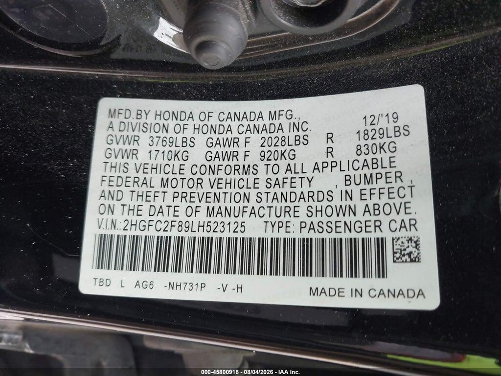2HGFC2F89LH523125 2020 HONDA CIVIC photo no. 9