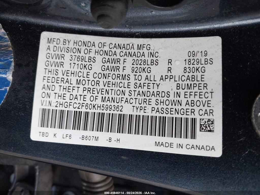 2HGFC2F60KH599362 2019 HONDA CIVIC photo no. 9