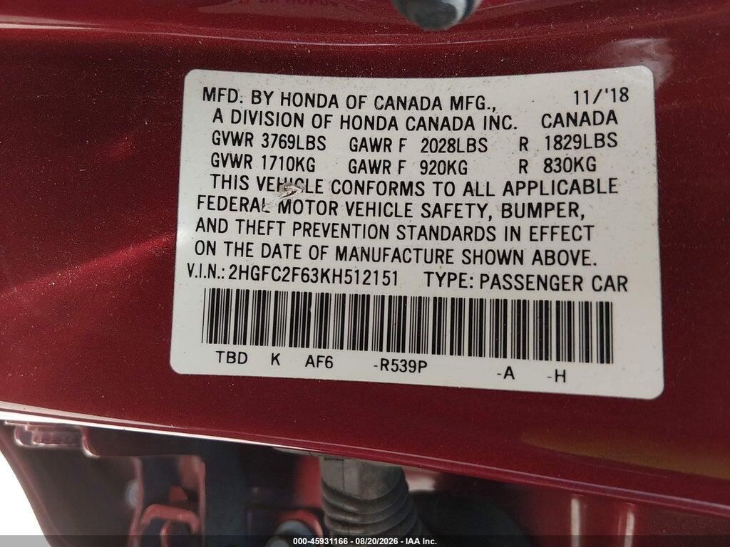2HGFC2F63KH512151 2019 HONDA CIVIC photo no. 9