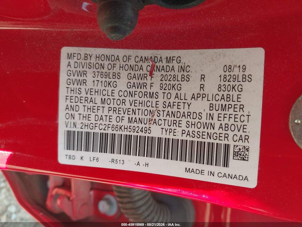 2HGFC2F66KH592495 2019 HONDA CIVIC photo no. 9