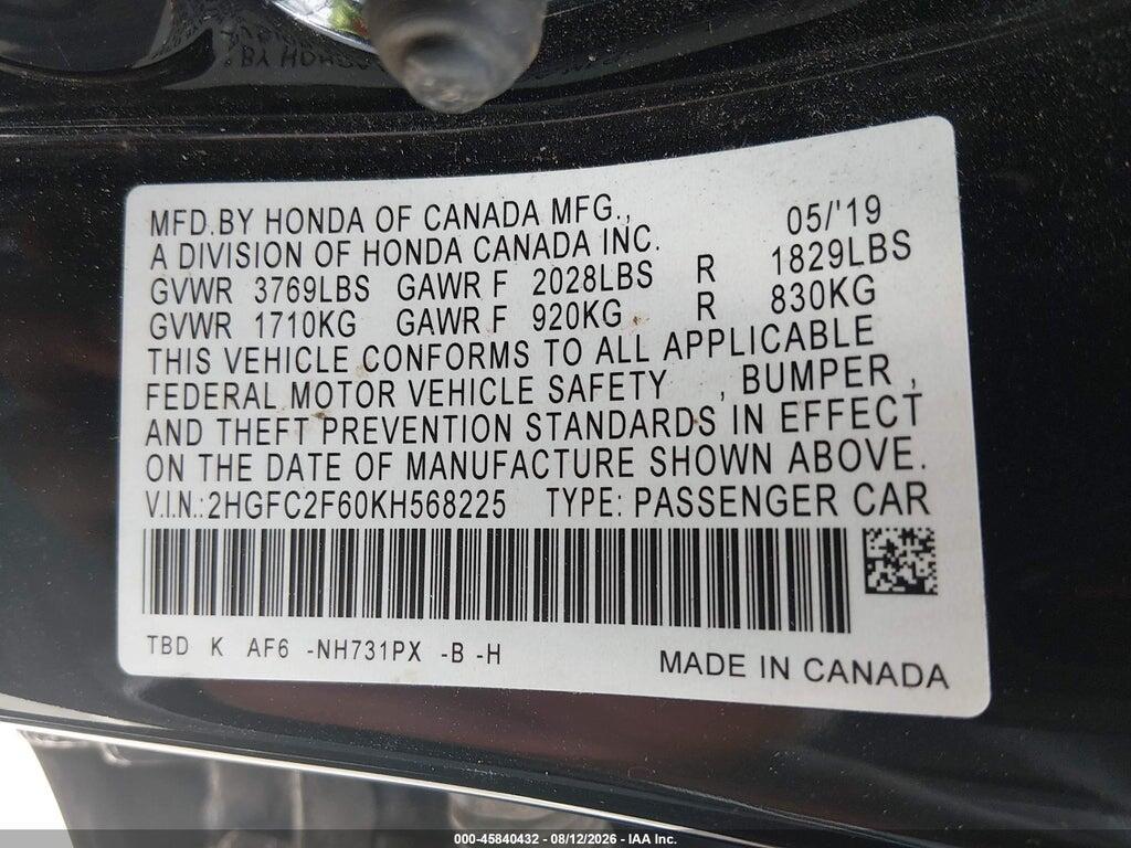 2HGFC2F60KH568225 2019 HONDA CIVIC photo no. 9