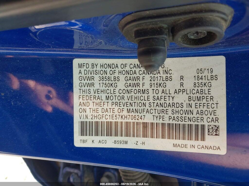 2HGFC1E57KH706247 2019 HONDA CIVIC SI photo no. 9