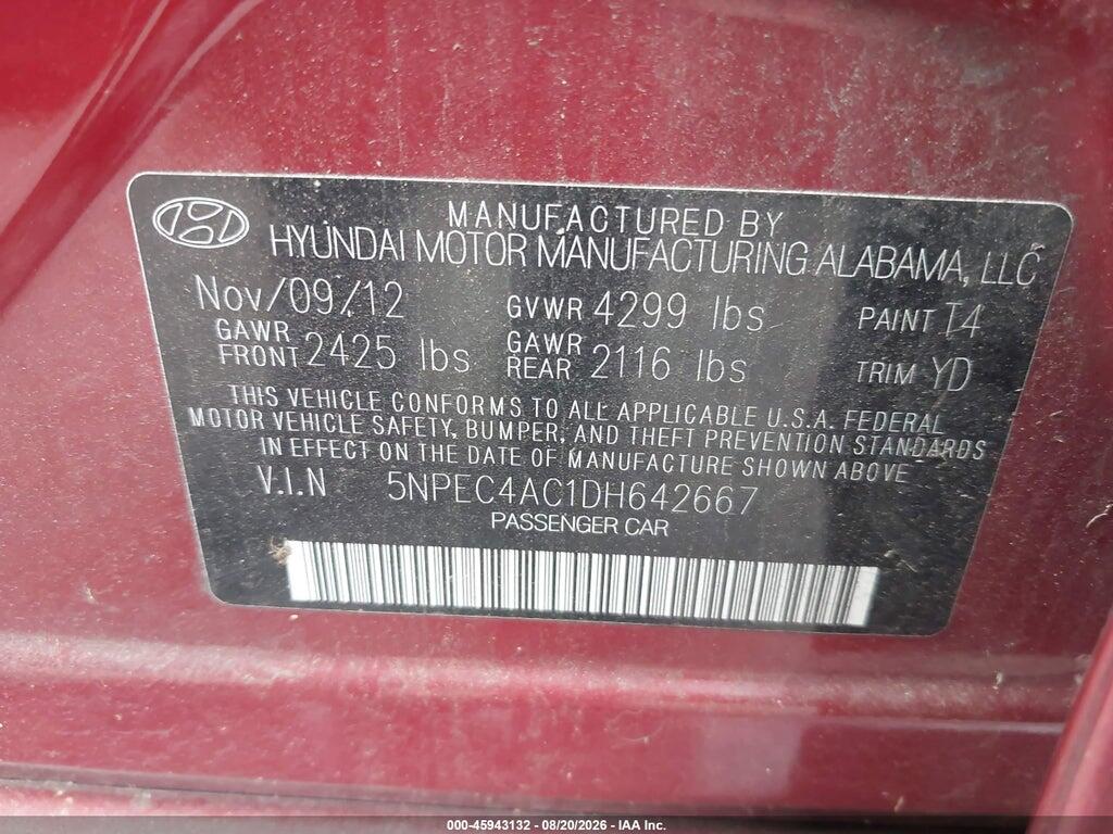 5NPEC4AC1DH642667 2013 HYUNDAI SONATA photo no. 9