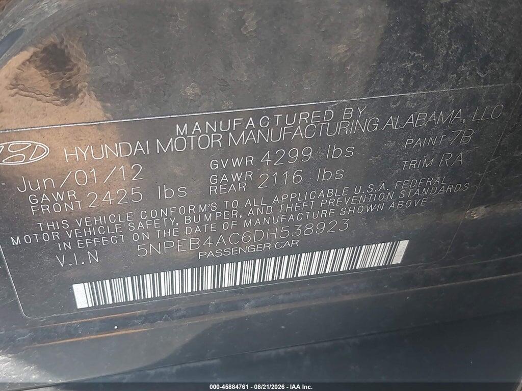 5NPEB4AC6DH538923 2013 HYUNDAI SONATA photo no. 9