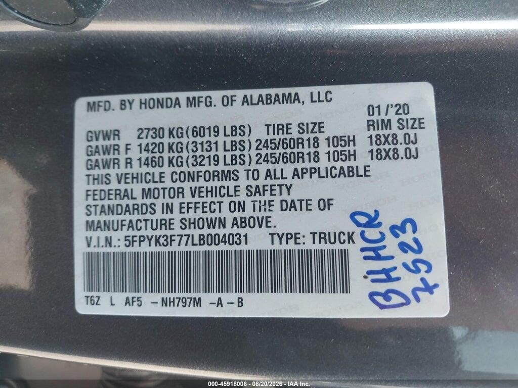 5FPYK3F77LB004031 2020 HONDA RIDGELINE photo no. 9
