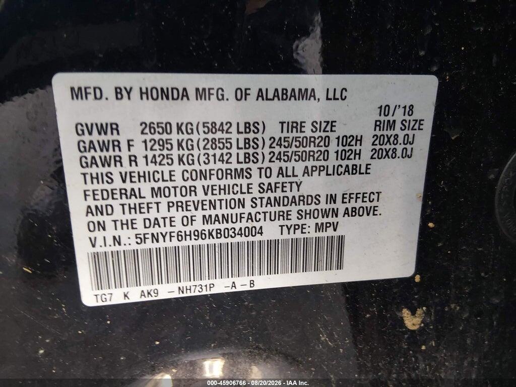 5FNYF6H96KB034004 2019 HONDA PILOT photo no. 9