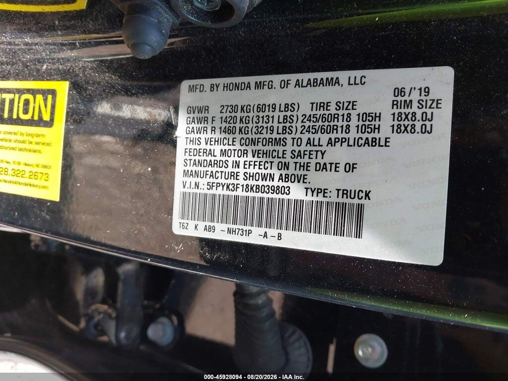 5FPYK3F18KB039803 2019 HONDA RIDGELINE photo no. 8