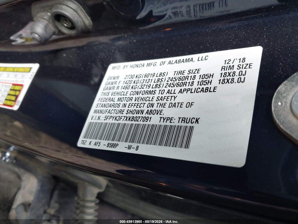 5FPYK3F7XKB027091 2019 HONDA RIDGELINE photo no. 9