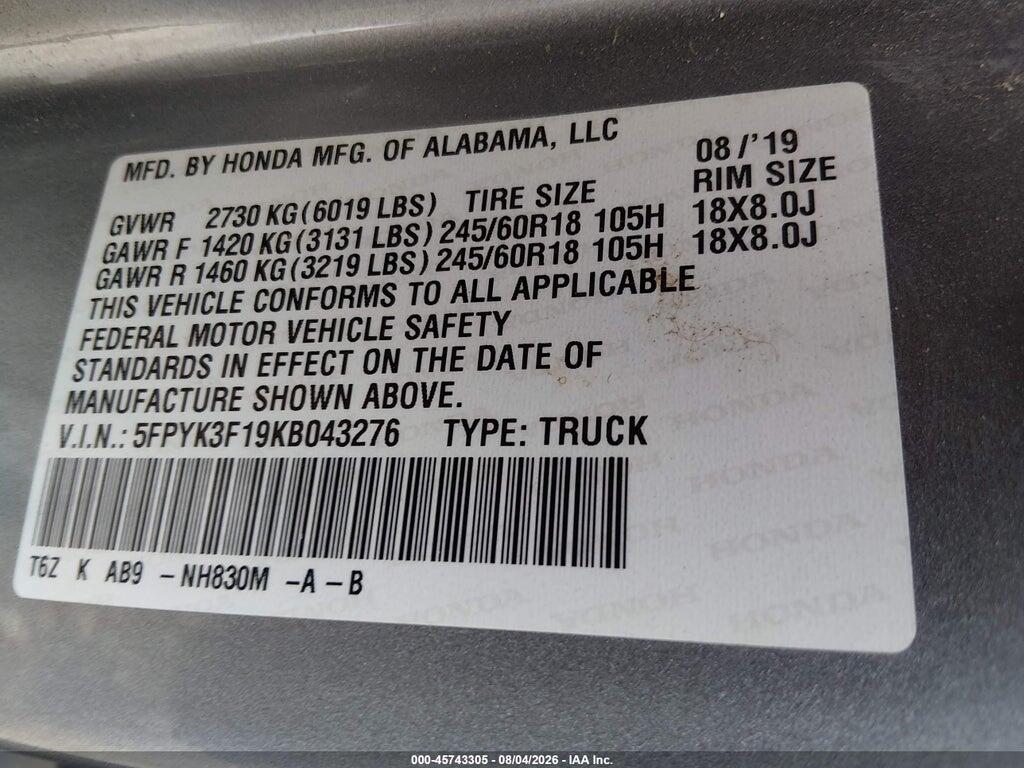 5FPYK3F19KB043276 2019 HONDA RIDGELINE photo no. 9