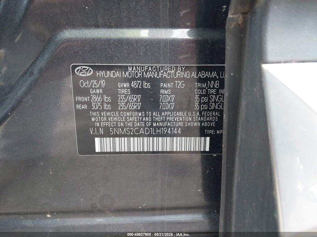 5NMS2CAD1LH194144 2020 HYUNDAI SANTA FE photo no. 9