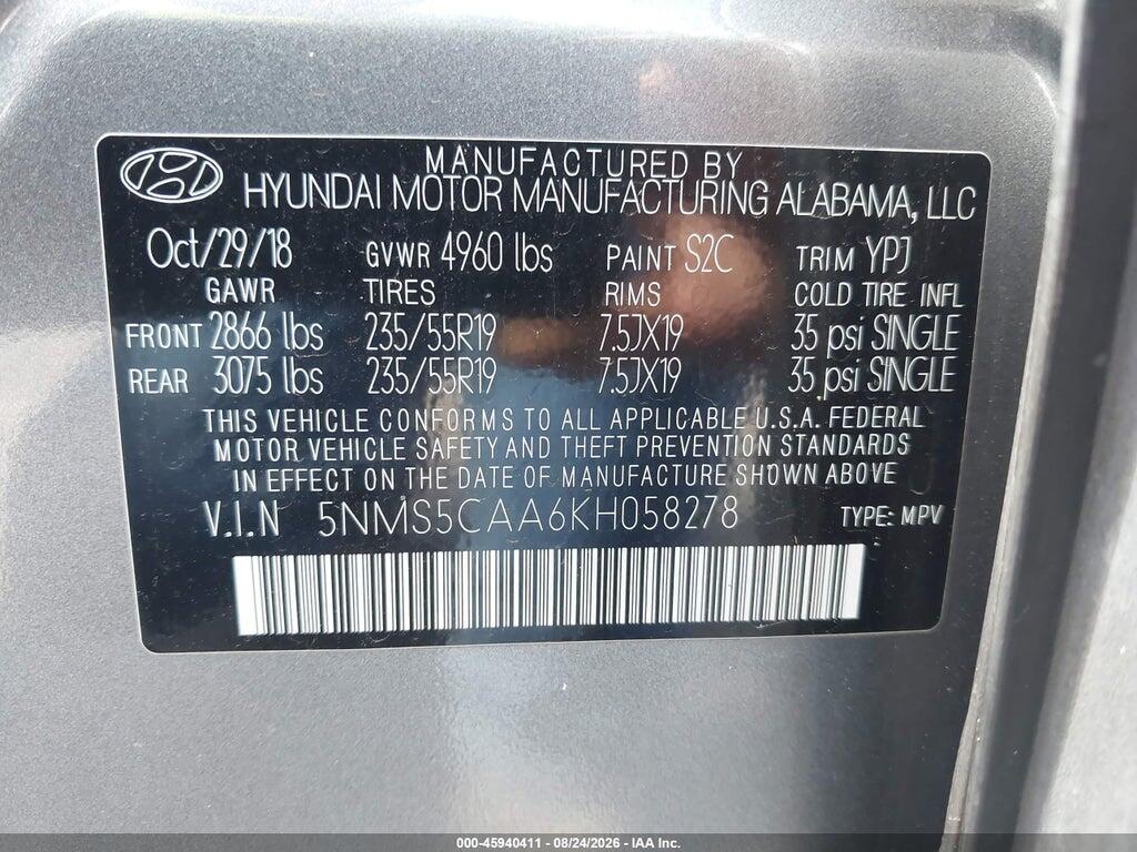 5NMS5CAA6KH058278 2019 HYUNDAI SANTA FE photo no. 9
