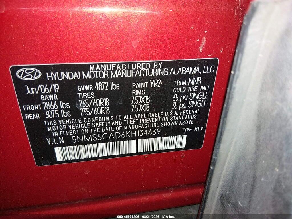 5NMS5CAD6KH134639 2019 HYUNDAI SANTA FE photo no. 9