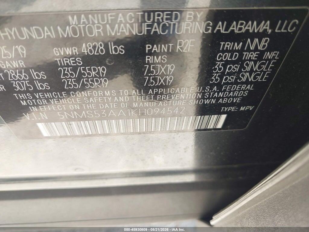 5NMS53AA1KH094542 2019 HYUNDAI SANTA FE photo no. 9