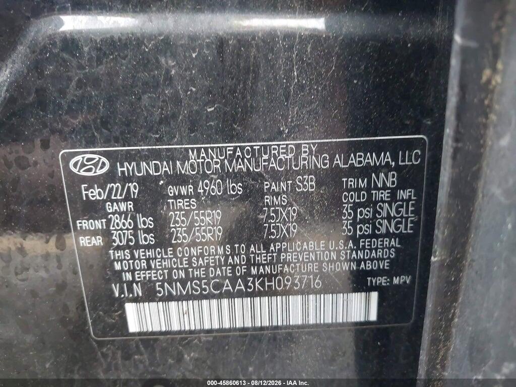 5NMS5CAA3KH093716 2019 HYUNDAI SANTA FE photo no. 9
