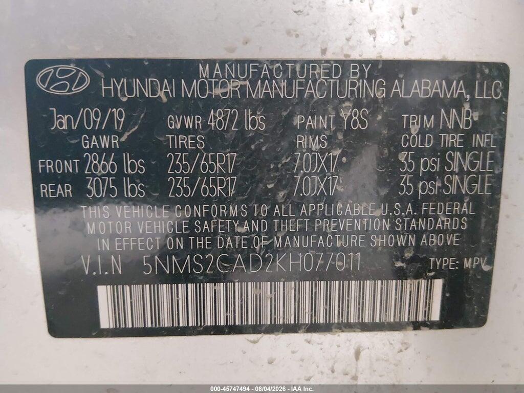 5NMS2CAD2KH077011 2019 HYUNDAI SANTA FE photo no. 9