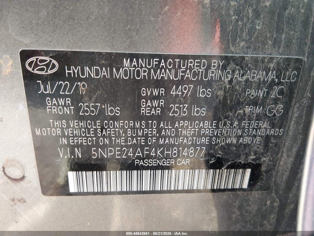 5NPE24AF4KH814877 2019 HYUNDAI SONATA photo no. 9