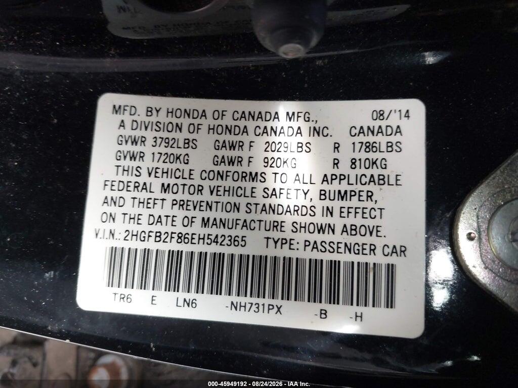 2HGFB2F86EH542365 2014 HONDA CIVIC photo no. 9