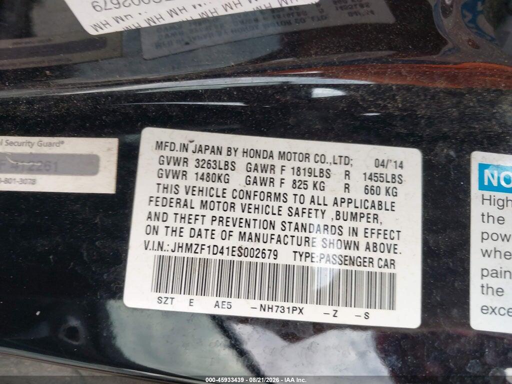 JHMZF1D41ES002679 2014 HONDA CR-Z photo no. 9