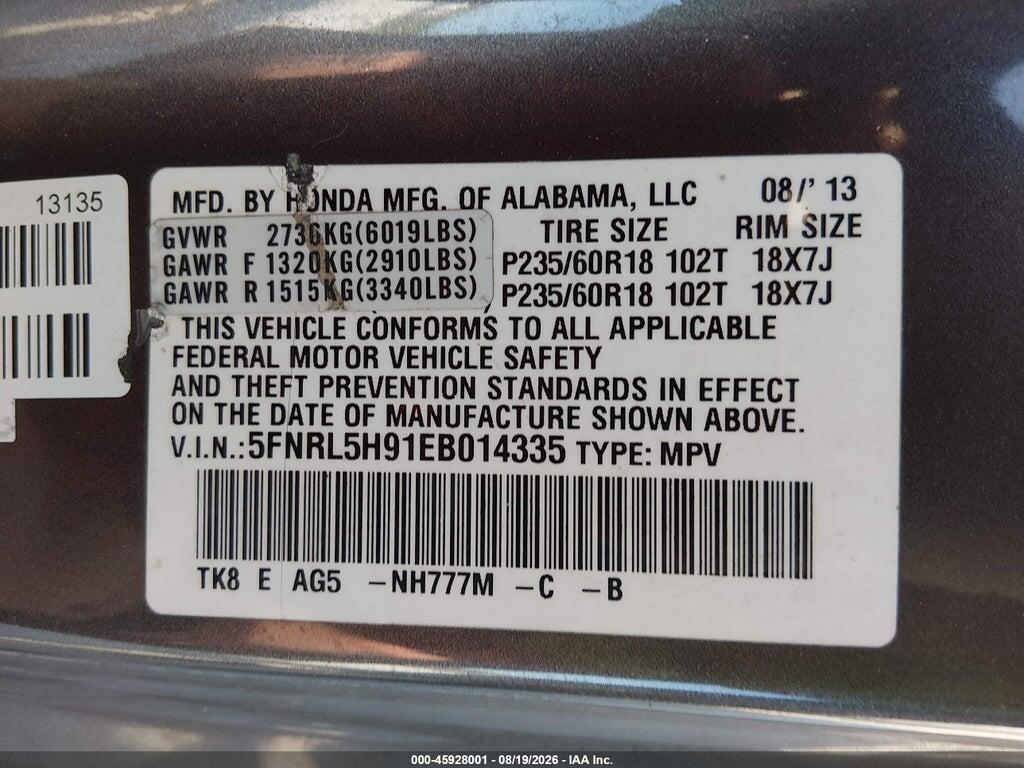 5FNRL5H91EB014335 2014 HONDA ODYSSEY photo no. 9