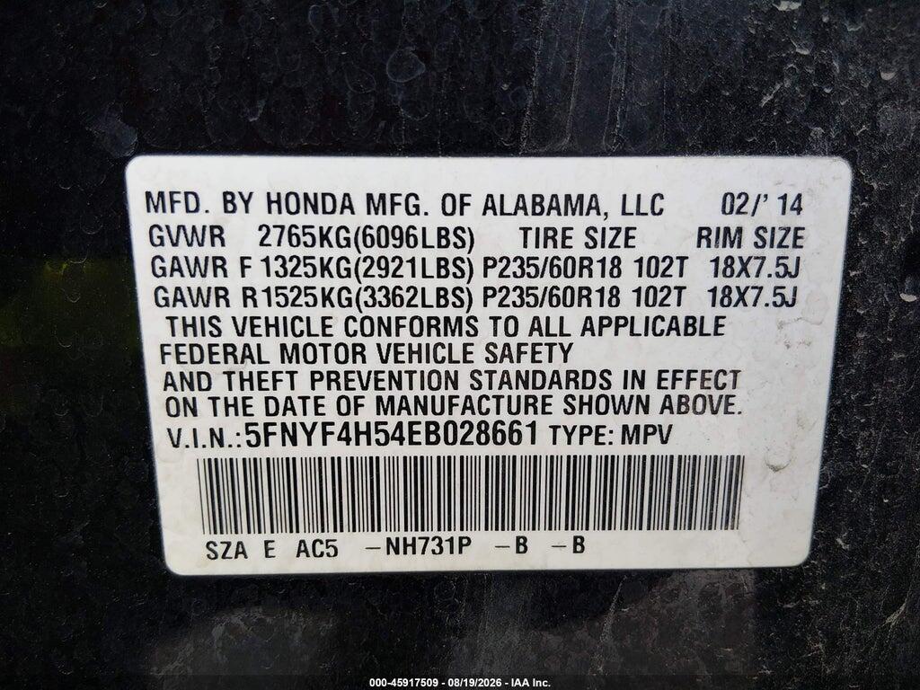 5FNYF4H54EB028661 2014 HONDA PILOT photo no. 9