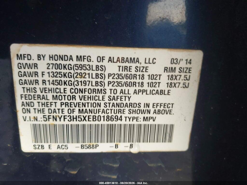 5FNYF3H5XEB018694 2014 HONDA PILOT photo no. 9