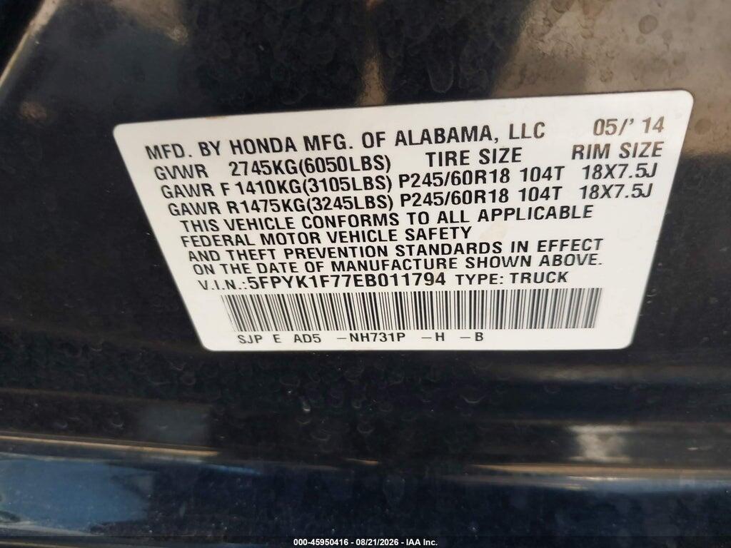 5FPYK1F77EB011794 2014 HONDA RIDGELINE photo no. 9
