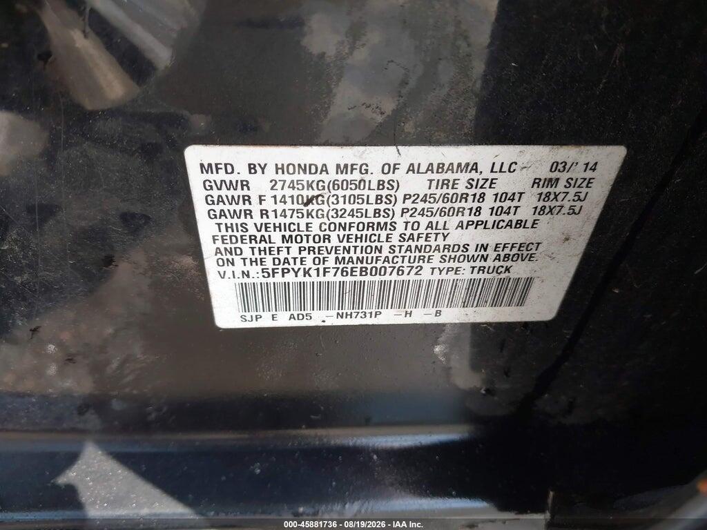 5FPYK1F76EB007672 2014 HONDA RIDGELINE photo no. 9