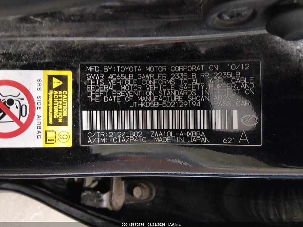 JTHKD5BH5D2129194 2013 LEXUS CT 200H photo no. 9