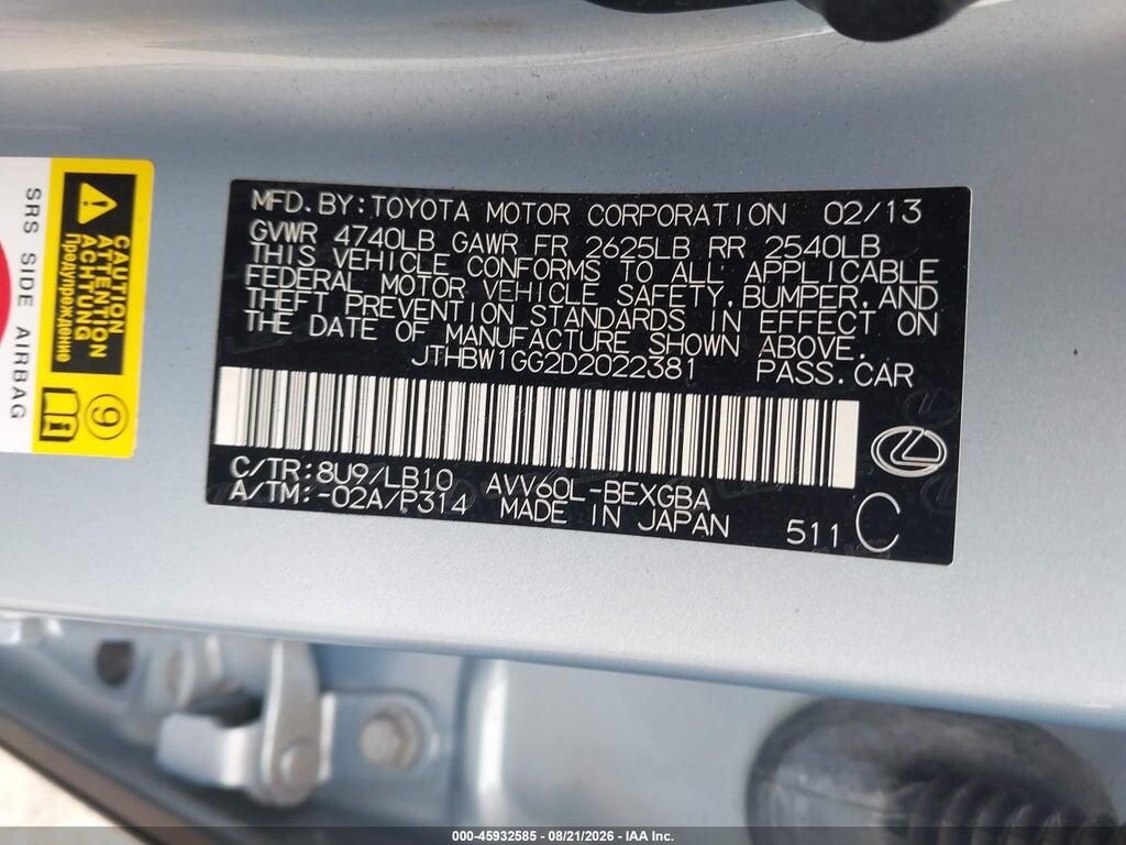 JTHBW1GG2D2022381 2013 LEXUS ES 300H photo no. 9