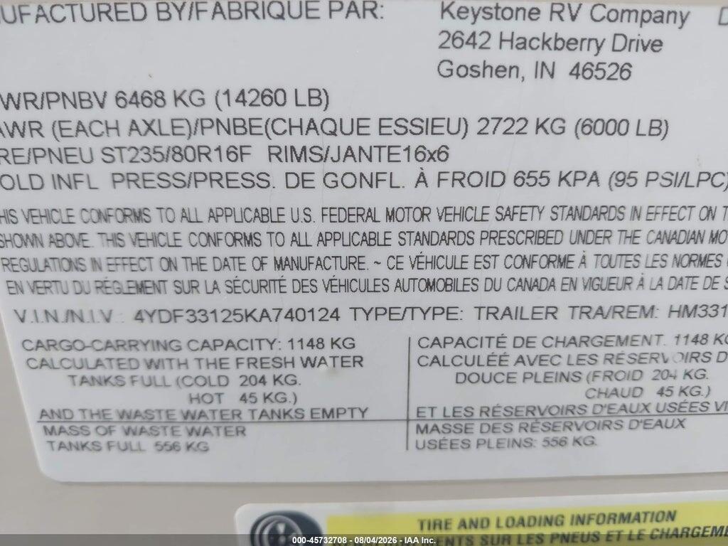 4YDF33125KA740124 2019 KEYSTONE RV OTHER photo no. 9