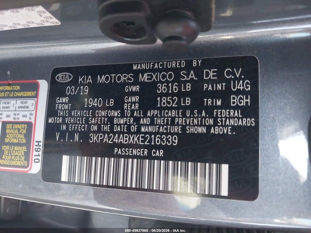 3KPA24ABXKE216339 2019 KIA RIO photo no. 9