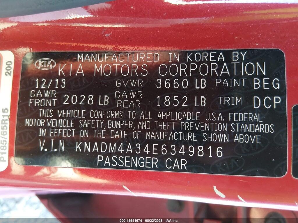 KNADM4A34E6349816 2014 KIA RIO photo no. 9