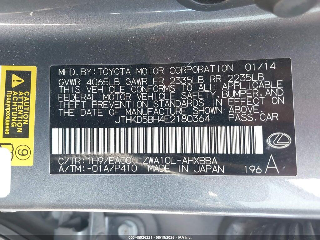 JTHKD5BH4E2180364 2014 LEXUS CT 200H photo no. 9