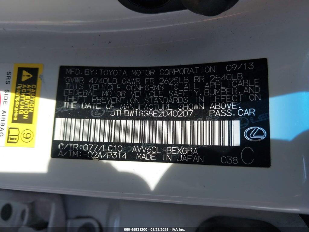 JTHBW1GG8E2040207 2014 LEXUS ES 300H photo no. 9