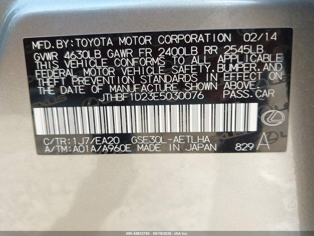 JTHBF1D23E5030076 2014 LEXUS IS 250 photo no. 9