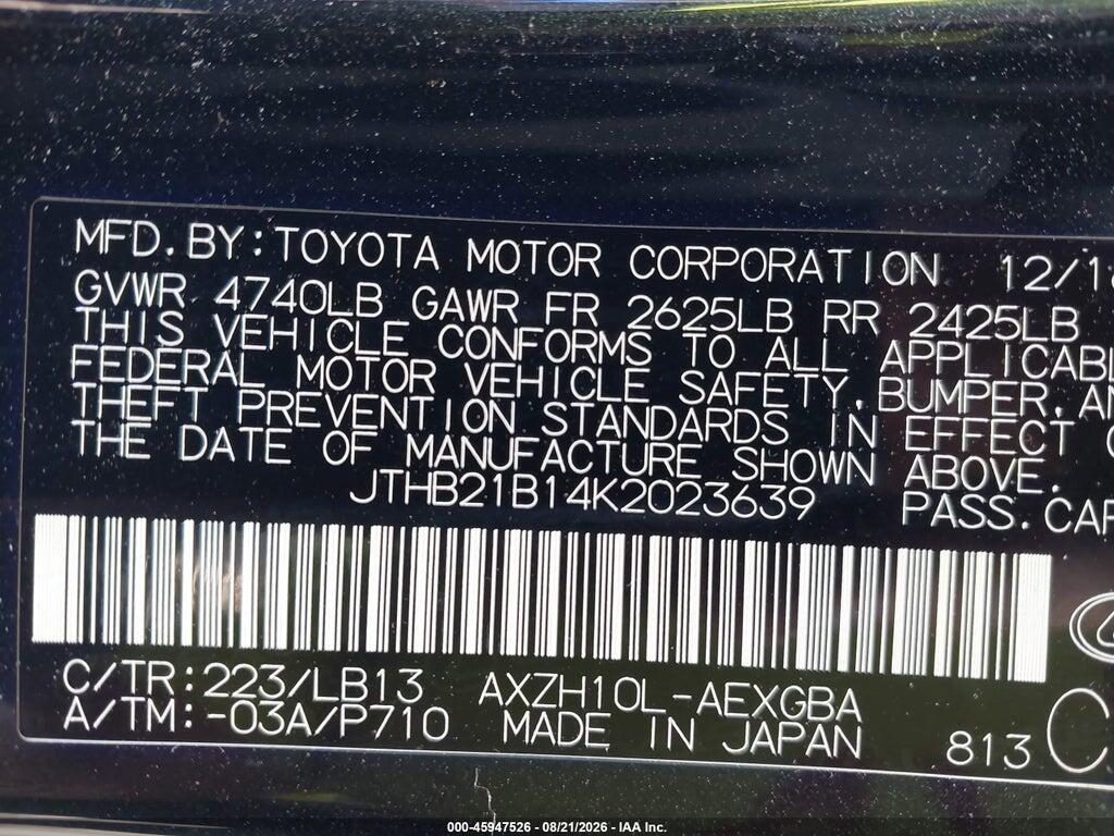 JTHB21B14K2023639 2019 LEXUS ES 300H photo no. 9