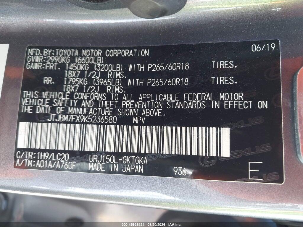 JTJBM7FX9K5236580 2019 LEXUS GX 460 photo no. 9