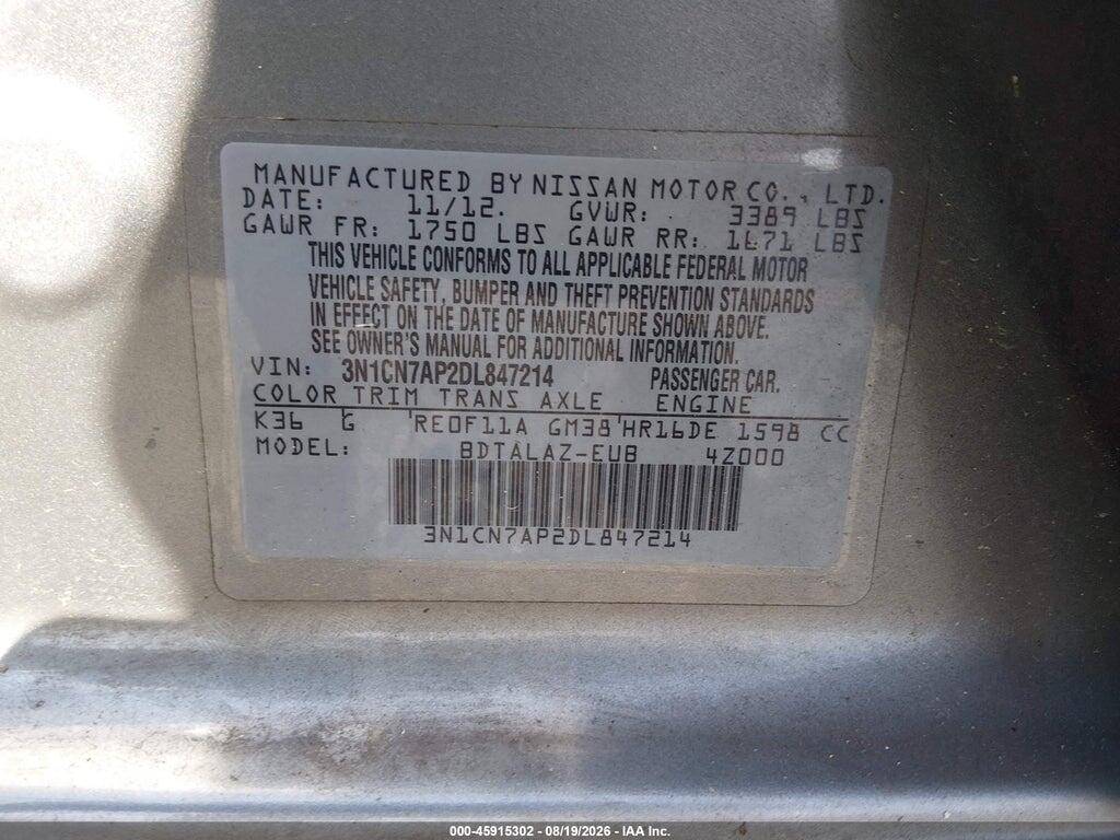 3N1CN7AP2DL847214 2013 NISSAN VERSA photo no. 9