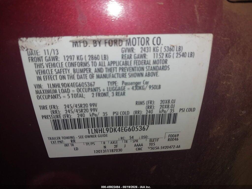 1LNHL9DK4EG605367 2014 LINCOLN MKS photo no. 9