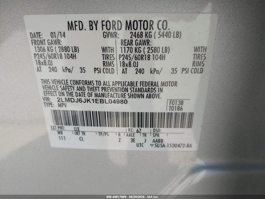 2LMDJ6JK1EBL04980 2014 LINCOLN MKX photo no. 9