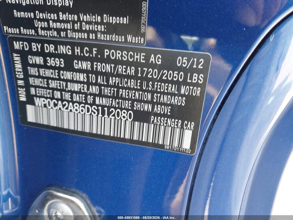 WP0CA2A86DS112080 2013 PORSCHE BOXSTER photo no. 9