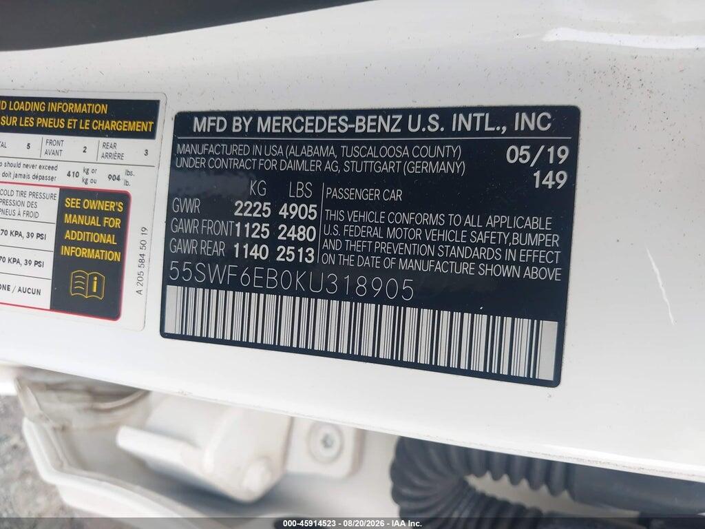 55SWF6EB0KU318905 2019 MERCEDES-BENZ AMG C 43 photo no. 9