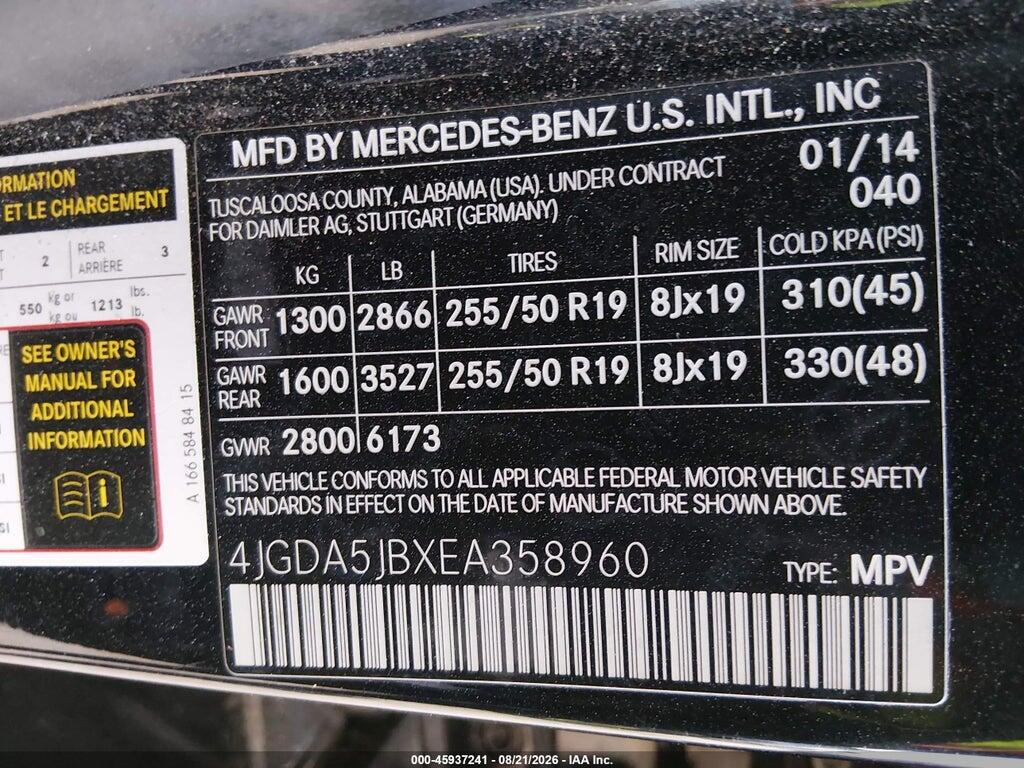 4JGDA5JBXEA358960 2014 MERCEDES-BENZ ML 350 photo no. 9
