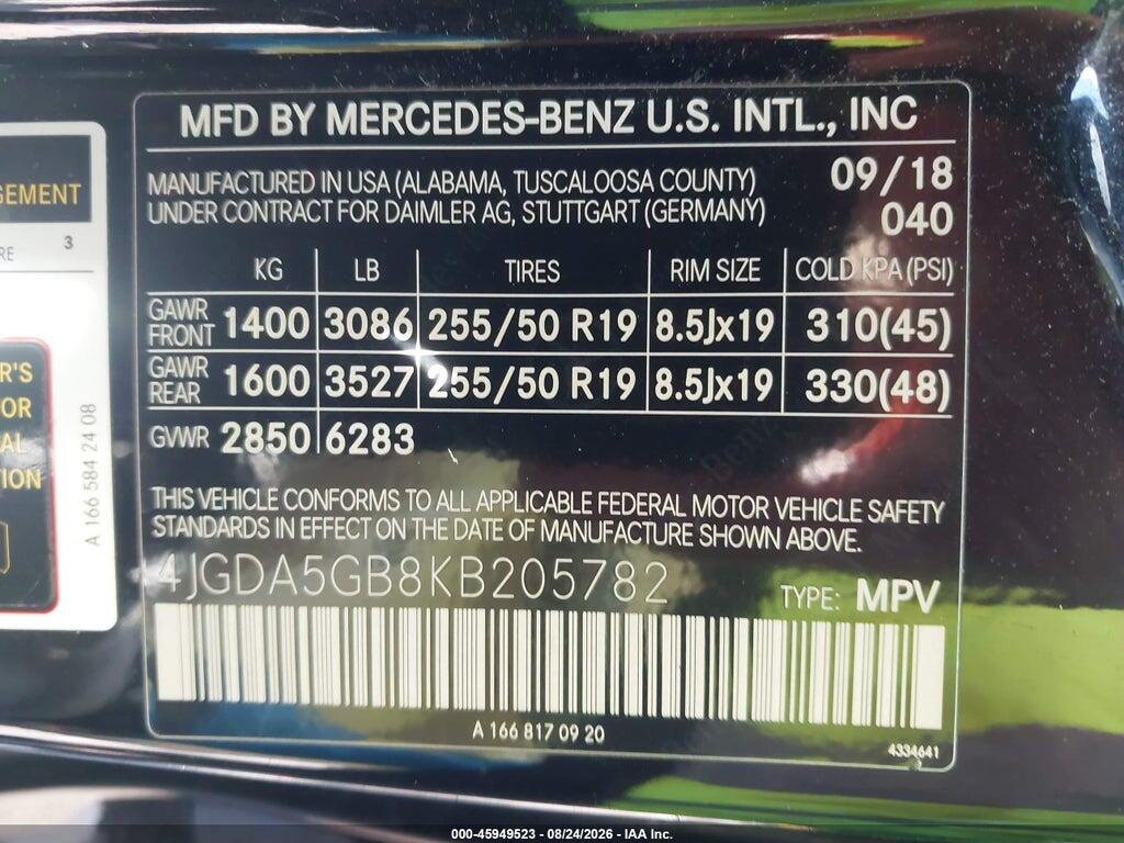 4JGDA5GB8KB205782 2019 MERCEDES-BENZ GLE 400 photo no. 9