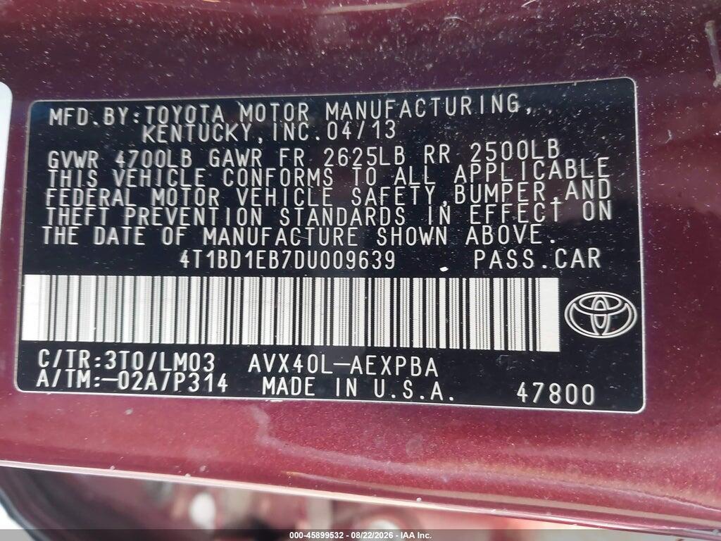 4T1BD1EB7DU009639 2013 TOYOTA AVALON HYBRID photo no. 9