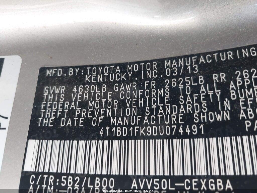 4T1BD1FK9DU074491 2013 TOYOTA CAMRY HYBRID photo no. 9