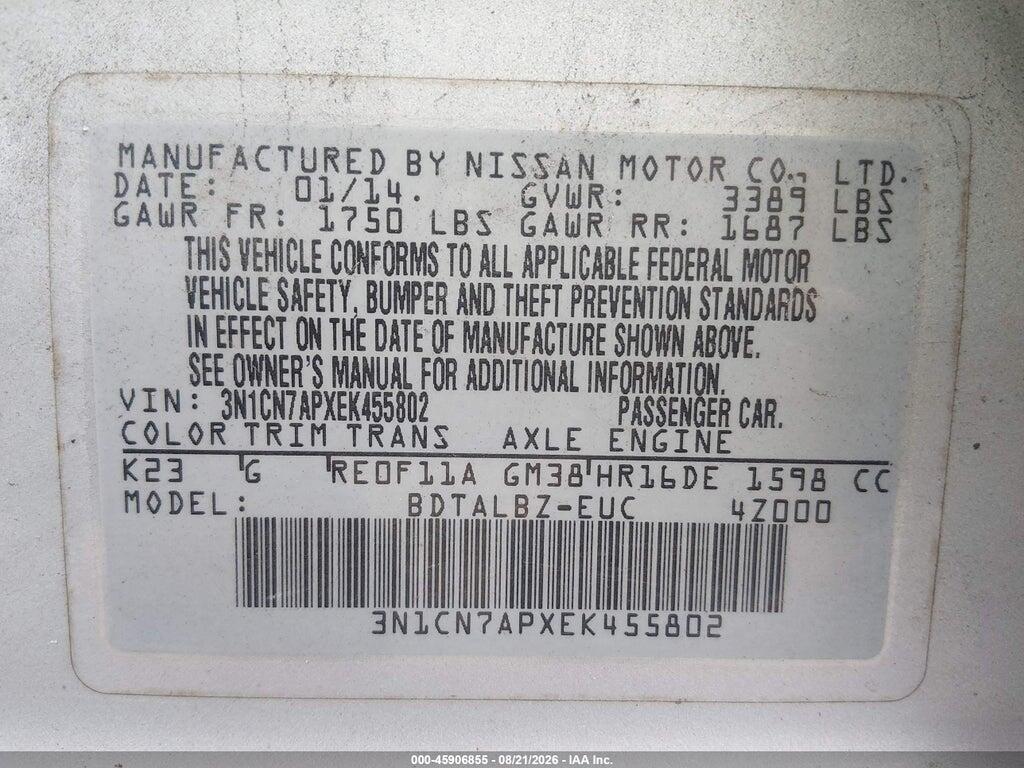 3N1CN7APXEK455802 2014 NISSAN VERSA photo no. 9