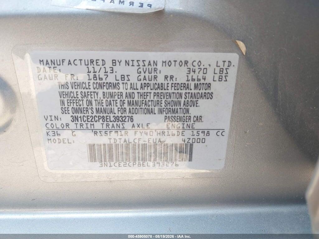 3N1CE2CP8EL393276 2014 NISSAN VERSA NOTE photo no. 9