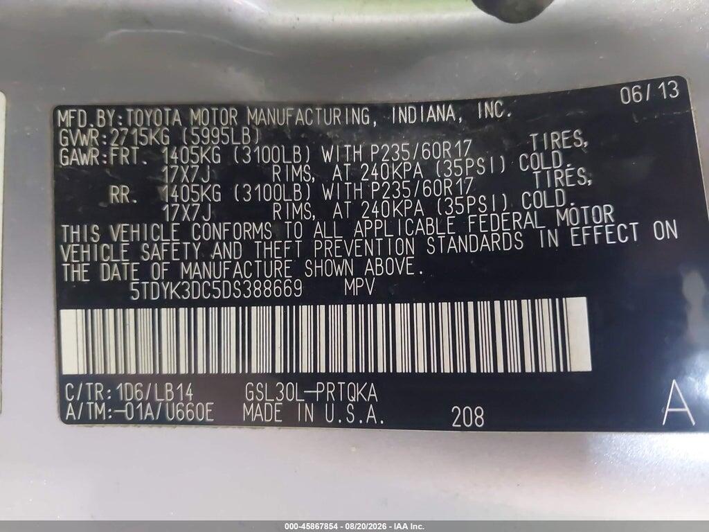 5TDYK3DC5DS388669 2013 TOYOTA SIENNA photo no. 9